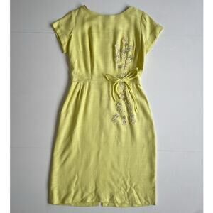 Vtg 60s Yellow Linen Floral Sheath Mod Cocktail Dress / Nat Turoff Chicago / S/M